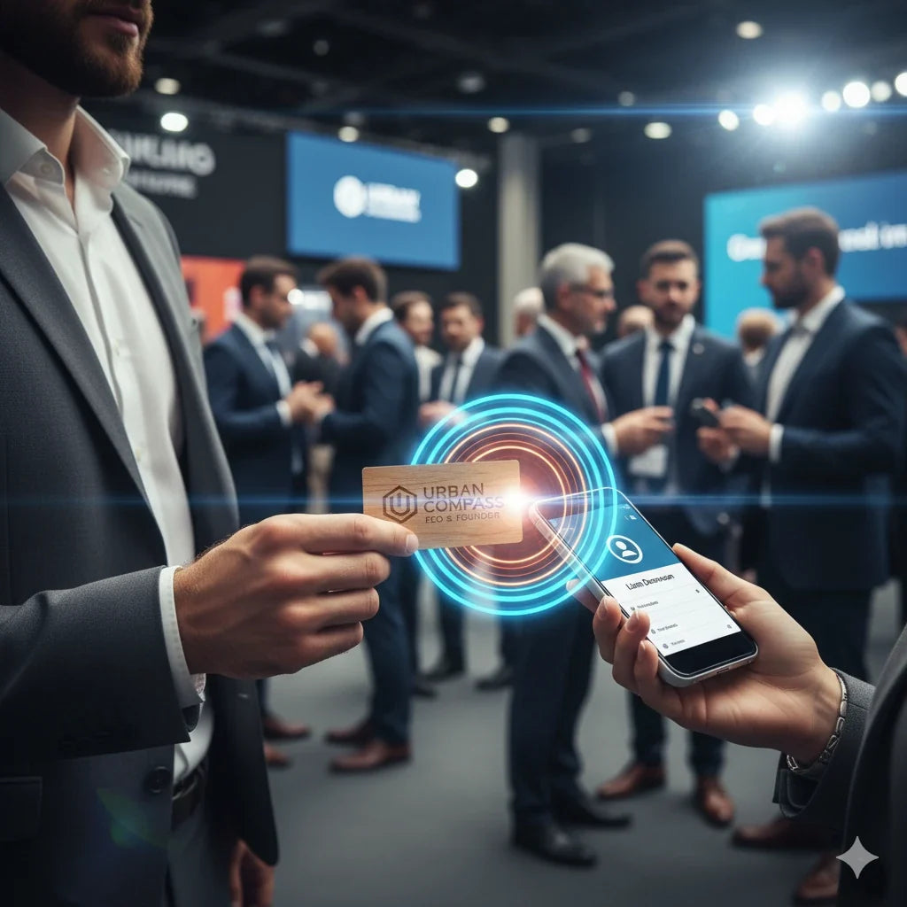 Schimb de date cu un card NFC din lemn la o conferință
