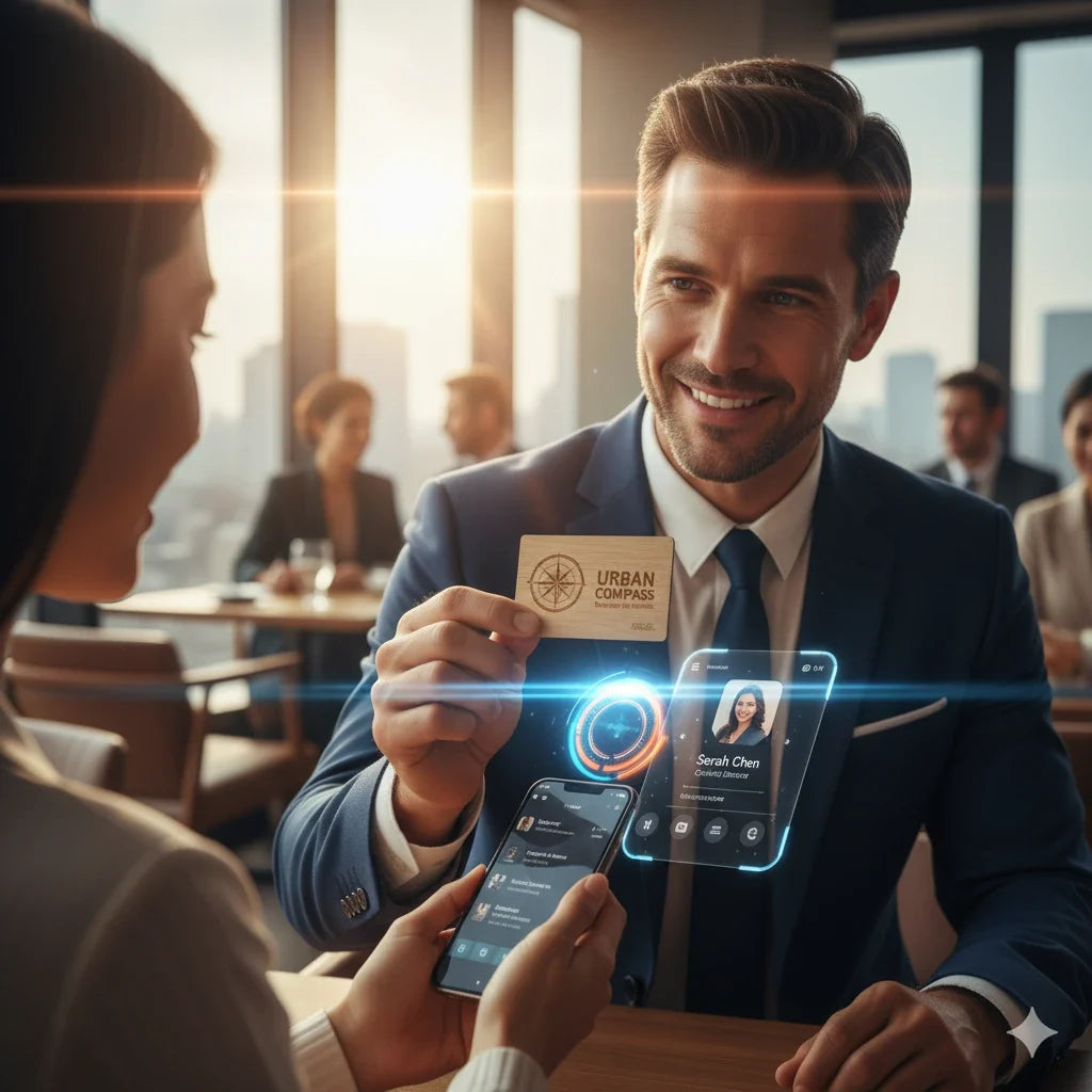 Card de vizită din lemn, gravat cu laser, ținut în mână