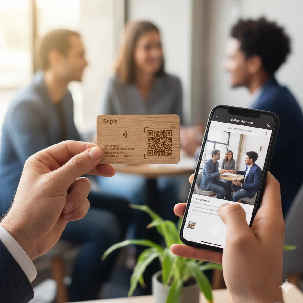 Card de vizită NFC din lemn, apropiat de un telefon